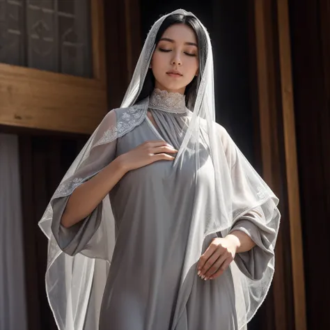 Beautiful woman with eyes closed, wearing gray tunic and white veil, long black hair 