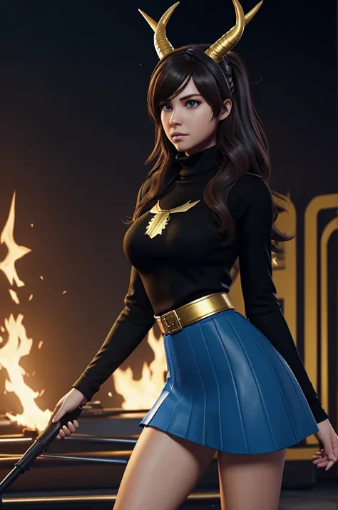 Free fire game character Kelly with golden horns and a black turtleneck with a blue school skirt and that this is a good time 
