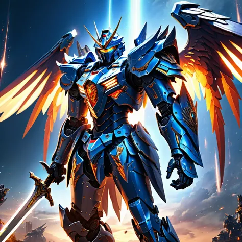 (masterpiece, best quality:1.3),extremely high detailed, intricate, 8k, HDR, wallpaper, cinematic lighting, (universe),(holding sword:1.3), glowing, armor, glowing eyes, mecha, large wings,    