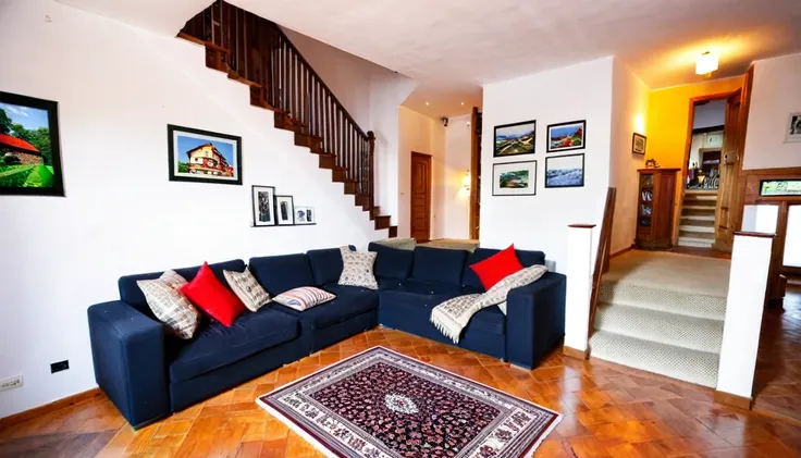 living room of the house, cozy, sofa, television, pictures on the walls, carpet on the floor, stairs to the second floor