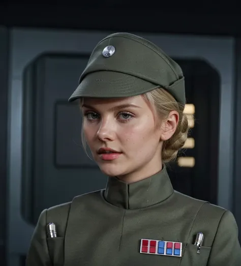 fashion photography of young teenage 16 year old elisha cuthbert in olive gray imperialofficer uniform and hat with brim, rank p...