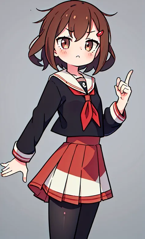 masterpiece,Highest quality,1 Girl,alone,Pokémon-like art style,(bold:1.6),(flat:1.5), BROWN_HAIR,SHORT_HAIR,HAIRCLIP,HAIR_ORNAMENT,BROWN_EYES,SERAFUKU,SCHOOL_UNIFORM,RED_NECKERCHIEF,PLEATED_SKIRT,LONG_SLEEVES,BLACK_PANTYHOSE,