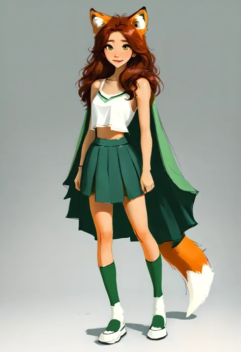 Full-length portrait of a very cute humanoid fox, with a dark orange fox tail and ears, long hair, dark red hair color, olhos na cor verde, wearing white tank top, green skirt and a green cape long to the knees, White background, webtoon style