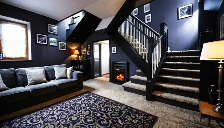 living room of the house, cozy, sofa, television, pictures on the walls, carpet on the floor, stairs to the second floor, dark environment