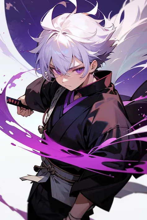 Make a young samurai with white hair and purple eyes, with the Japanese hideogram of the wind on his arm