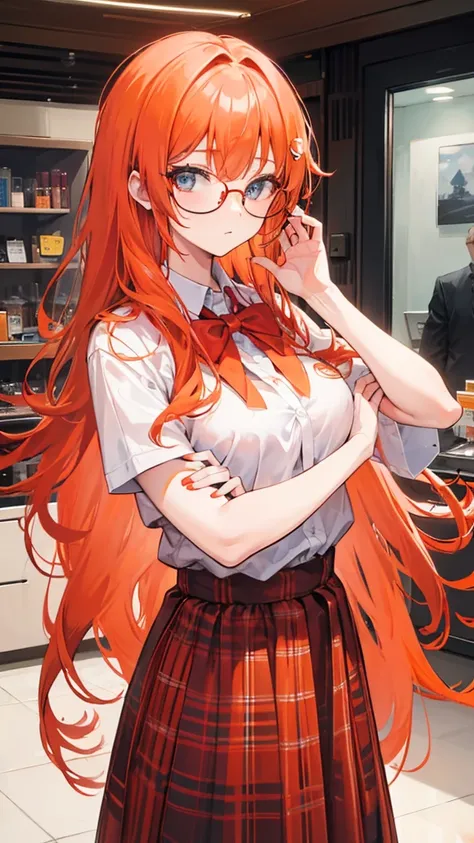 Girl with long orange hair wearing red glasses