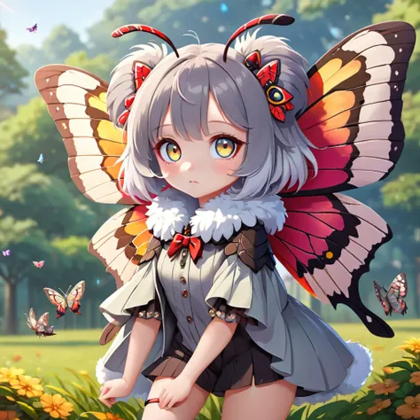 ((cute anthro moth)), (insect girl, insect eyes:1.3), female, heterochromia, (with gray moth wings:1.3),moth antennae, neck fur, fur collar, moth wings, multiple wings, four arms, full body covered with colorful fluffy fur, full body, intricate, detailed, ...