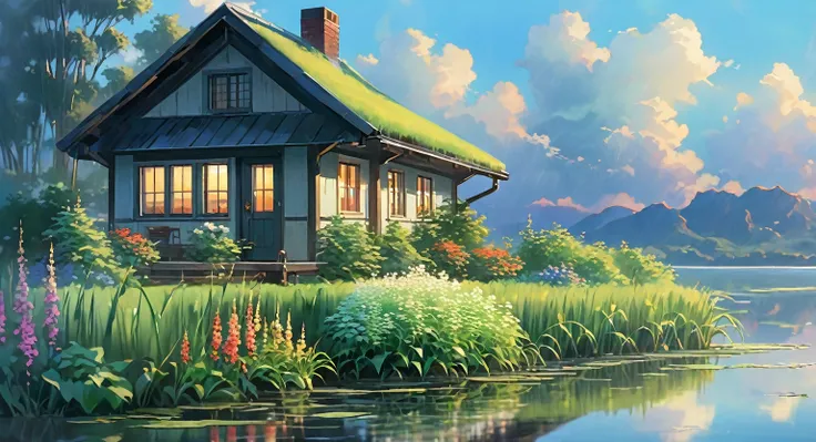 a cozy cottage by the water, reflective water, reed plants, tall grass, flower bushes, raining, cloudy, 