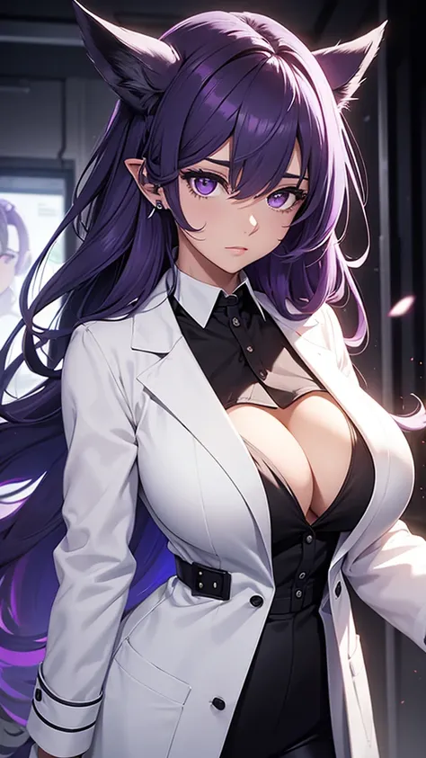 Woman;
cientist;
white labcoat;
black blouse;
big breasts;
purple eyes;
cabelo roxo;
wolfs ears;

