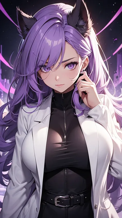 Woman;
cientist;
white labcoat;
black blouse;
big breasts;
purple eyes;
cabelo roxo;
wolfs ears;

