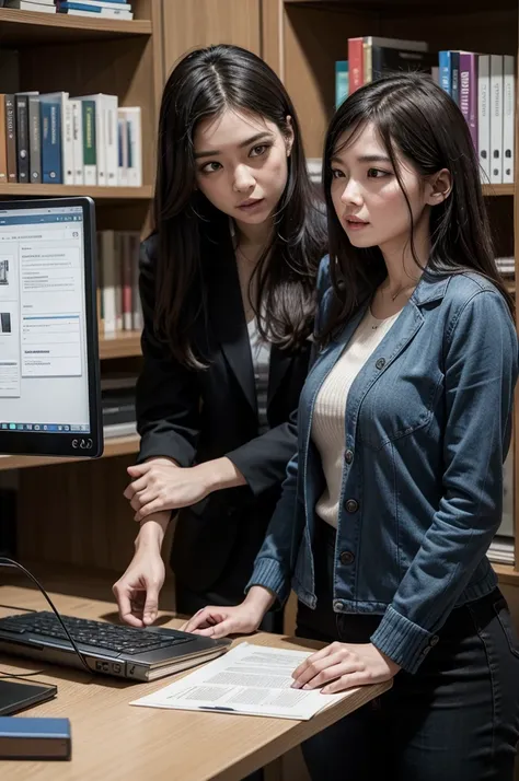 Create two professionals a man and a woman talking to each other, working on a project! In an office with books on shelves and computers. In front of a computer screen, they are talking about productivity!