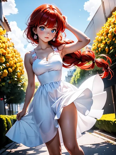 Redhead anime girl in short white dress with roses design wedding, overskirt, 18 yrs old, Body cute, breasts small, with hands behind head, running your hands through your hair, sexy girl, red hair with braid , beautiful lighting, softshadows, blue colored...