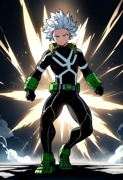 Screenshot anime boku no hero academia boy with long white hair one blue eye and one green eye with black full body suit