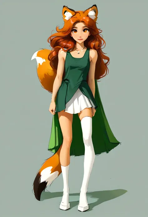 full-length portrait of a very cute humanoid fox, with a tail, ear, and fox face, dark orange fox fur, long hair, dark red hair ...