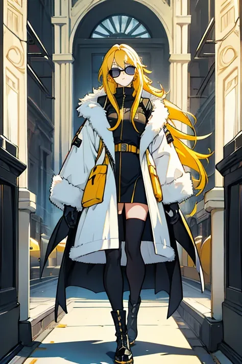 Woman model long yellow hair blue eyes sunglasses black tight clothing black long stockings white fur coat