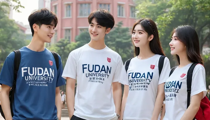 College students wearing Fudan University T-shirts。（RAW photos，Best quality），（reality，照⽚reality感：1.3），masterpiece，Extremely exquisite and beautiful，High resolution，Original，Perfect lighting，（Extremely detailed CG：1.2），Unification，2k wallpaper，Amazing，Fine ...