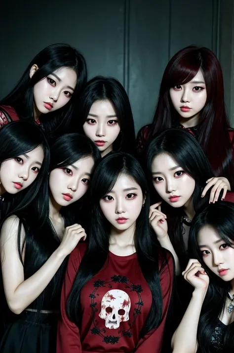 All girl Kpop group , a horror kpop group with 4 members, but you can’t see the members face. It needs to be red and fit the horror vibe.