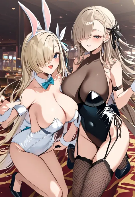 ((Two Girls,2girls))、Bunny girl、White rabbit ears、Wrist cuff、Black leotard、Saggy breastature Woman、milf:1.3)、Black fishnet stockings、garter belt、green_archive、[Ichinose Asuna、blonde、Long Hair、Hair on one eye、Light green bunny suit]、[Hajimi Hanekawa、Black H...