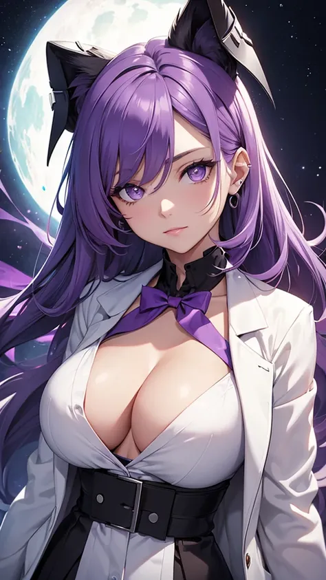 Woman;
cientist;
white labcoat;
black blouse;
Mid breasts;
purple eyes;
cabelo roxo;
wolfs ears;

