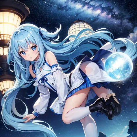 Light blue long hair、Twin-tailed Girl、Star of the sky、milky way、Moonlit Night、UFO、