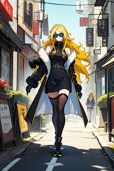 Woman super model good body long yellow hair blue eyes sunglasses black tight clothing black long stockings white fur coat