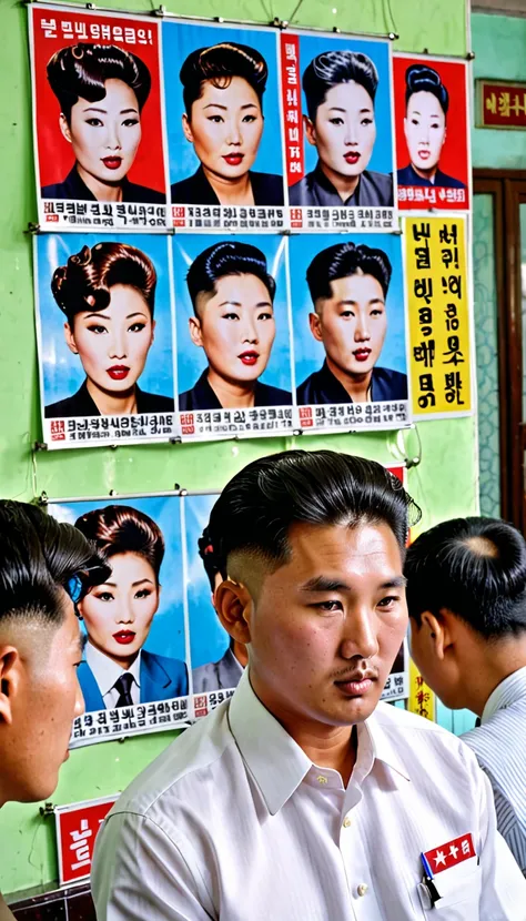 A barber shop in North Korea with posters showing only 15 approved hairstyles. Customers look confused as they try to choose.