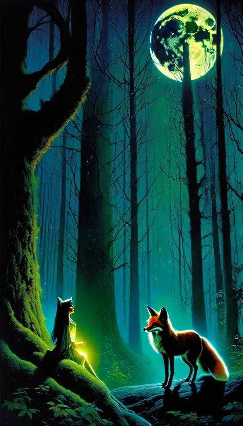 A gorgeous dark-haired girl in a forest at night, a mischievous fox by her side, the atmosphere hazy and creepy, the landscape bathed in a magical glow from the full moon above, stars twinkling in the night sky, mossy dark trees surrounding them, (art insp...