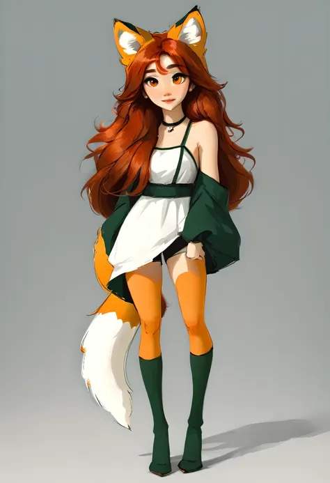 full-length portrait of a very cute humanoid fox, with a dark orange fox tail and ears, long hair, dark red hair color, olhos na...