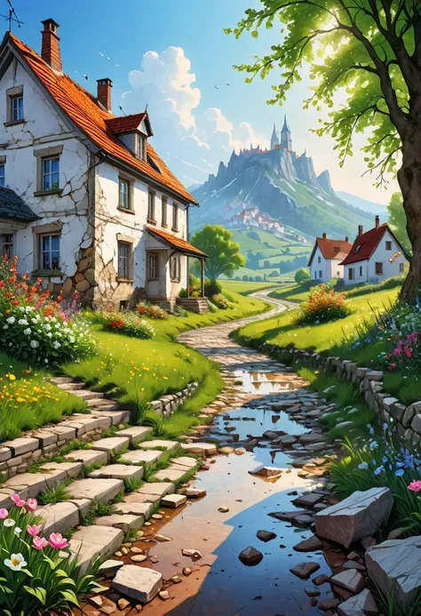 (masterpiece), best quality, hyperrealistic springtime blooming next to the road, rubble of an old white masonry house, cracked an, bussiere rutkowski andreas rocha, meadows in the background, digital painting highly detailed, highly detailed 8k, highly de...