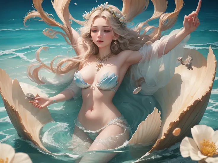 Draw an enchanting scene of the Goddess Aphrodite emerging from the sea waves, symbolizing his birth. Aphrodite should be portrayed as an ethereal figure, with flowing golden hair and a serene countenance. Ao redor dela, Include sea shells and floating flo...