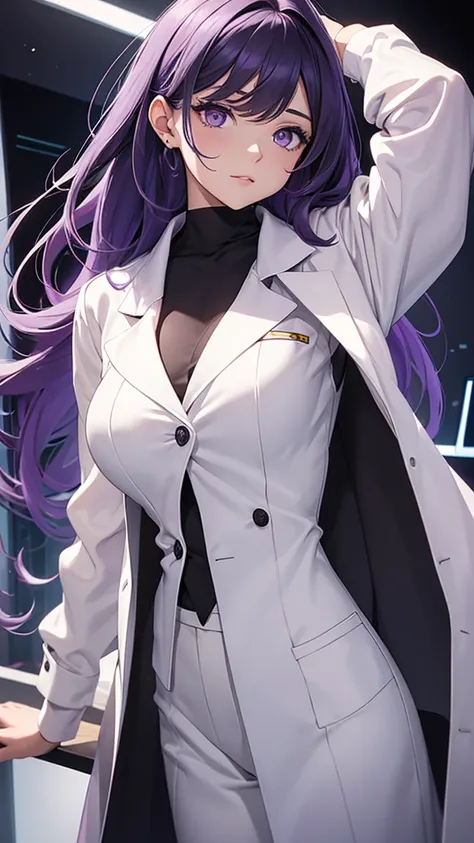 Woman;
cientist;
white labcoat;
black blouse;
Mid breasts;
purple eyes;
cabelo roxo;
Orelhas de coelho;

