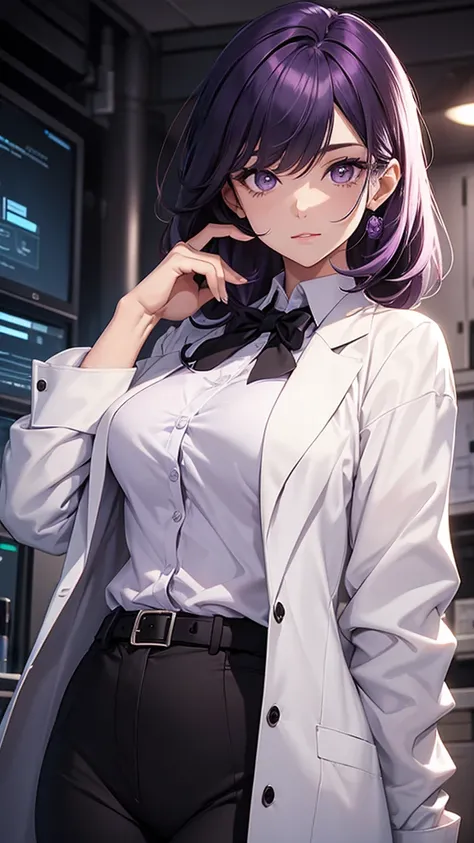 Woman;
cientist;
white labcoat;
black blouse;
Mid breasts;
purple eyes;
cabelo roxo;
Orelhas de coelho;

