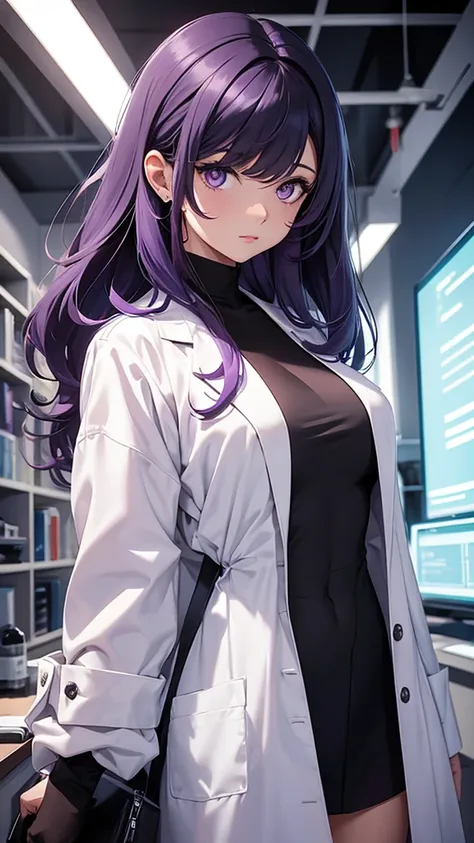 Woman;
cientist;
white labcoat;
black blouse;
Mid breasts;
purple eyes;
cabelo roxo;
Orelhas de coelho;

Tem orelhas de coelho 