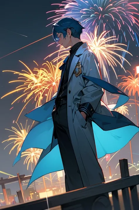 Masterpiece, best quality, super detailed, illustration In the rainy night sky、Colorful large fireworks bloom magnificently、Fireworks blast blows away the surrounding rain clouds、Clear the sky。Below that、A person who have a blue hair, his profile was illum...