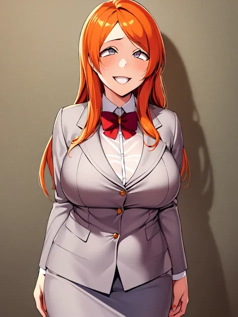 Highest quality, masterpiece, One girl, Ray Tracing, Super detailed,Detailed face, 8k wallpaper,  Wide Hips, smile, Orihime Inoue_NDV, One girl, Orange Hair, Large Breasts, Long Hair, Grey Eyes, (school uniform:1.2), Grey Skirt, Grey jacket,shirt outdoor, ...