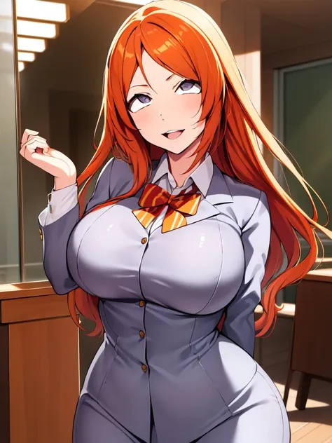 Highest quality, masterpiece, One girl, Ray Tracing, Super detailed,Detailed face, 8k wallpaper,  Wide Hips, smile, Orihime Inoue_NDV, One girl, Orange Hair, Large Breasts, Long Hair, Grey Eyes, (school uniform:1.2), Grey Skirt, Grey jacket,shirt outdoor, ...