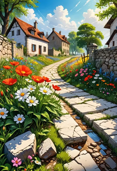 (masterpiece), best quality, hyperrealistic springtime blooming next to the road, rubble of an old white masonry house, cracked an, bussiere rutkowski andreas rocha, meadows in the background, digital painting highly detailed, highly detailed 8k, highly de...