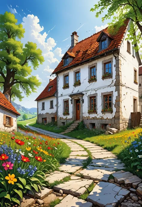 (masterpiece), best quality, hyperrealistic springtime blooming next to the road, rubble of an old white masonry house, cracked an, bussiere rutkowski andreas rocha, meadows in the background, digital painting highly detailed, highly detailed 8k, highly de...