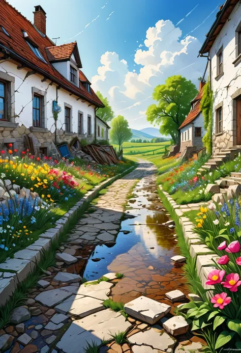 (masterpiece), best quality, hyperrealistic springtime blooming next to the road, rubble of an old white masonry house, cracked an, bussiere rutkowski andreas rocha, meadows in the background, digital painting highly detailed, highly detailed 8k, highly de...