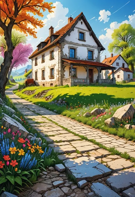 (masterpiece), best quality, hyperrealistic springtime blooming next to the road, rubble of an old white masonry house, cracked an, bussiere rutkowski andreas rocha, meadows in the background, digital painting highly detailed, highly detailed 8k, highly de...