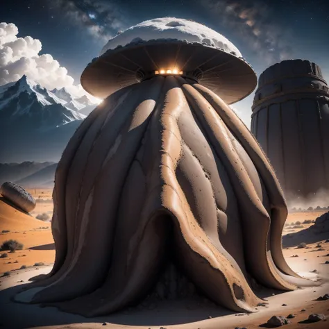 Alien base (Very detailed) In the mountainous desert，There are several exhaust fans and chimneys, Some spotlights come out of the base to illuminate dark placetreme nights), Some clouds in the night sky, Some of the surrounding planets provide air to unkno...