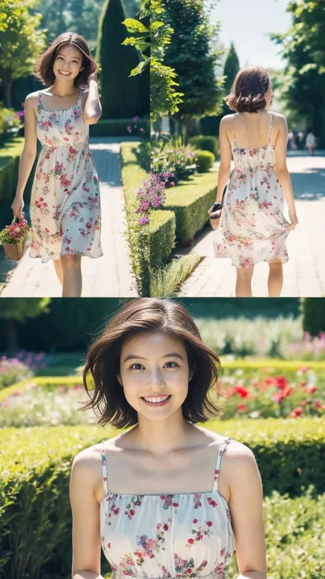 masterpiece, highest quality, disorganized, perfect anatomy, 1 girl, alone, pascal tales, short hair, beautiful, Hilarious, sunny day, botanical garden, Summer winds, sundress, Floral, wavy hair, smile