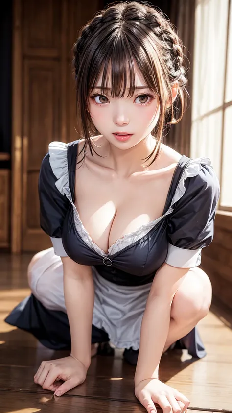 8K quality、High resolution、Sexy maid、Realistic skin texture、High resolutionの肌、、Grabbing the breast、Princess Hair、thin、Small and young breasts、Open the mouth to reveal a realistic tongue、Beautiful cleavage、Gray Hair、Thin legs、French Braid、、Full Body Shot、Mo...