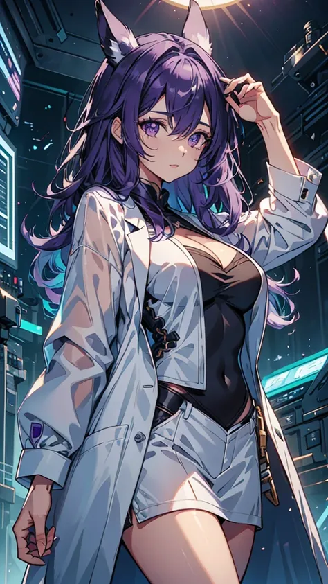 Woman;
cientist;
white labcoat;
black blouse;
Mid breasts;
purple eyes;
cabelo roxo;
Orelhas de coelho;

Tem orelhas de coelho 