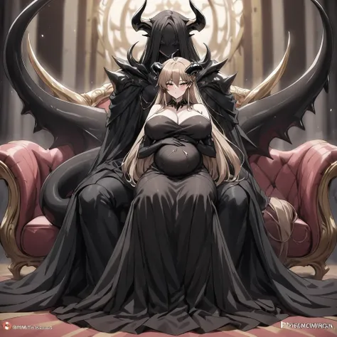 ((Highest quality)), ((masterpiece)), (detailed), （Perfect Face）、The woman is a jet-black devil、The woman is a jet-black female demon with magnificent demon horns and a jet-black tail, her skin is the same black as the Demon King, and she is wearing a sedu...