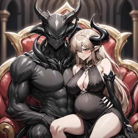 ((Highest quality)), ((masterpiece)), (detailed), （Perfect Face）、The woman is a jet-black devil、The woman is a jet-black female demon with magnificent demon horns and a jet-black tail, her skin is the same black as the Demon King, and she is wearing a sedu...