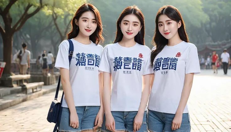 College students wearing Peking University T-shirts。RAW photos，Best quality，（reality，照⽚reality感：1.3），masterpiece，Extremely exquisite and beautiful，High resolution，Original，Perfect lighting，（Extremely detailed CG：1.2），Unification，2k wallpaper，Amazing，Fine d...