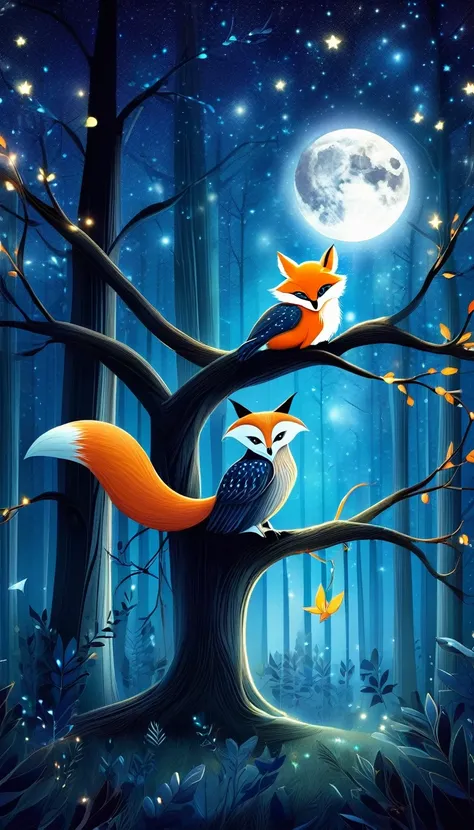 a fox and an owl play on the branches of a tree at night, gloomy forest, magic, fantastic, night sky, moon, stars, background,
