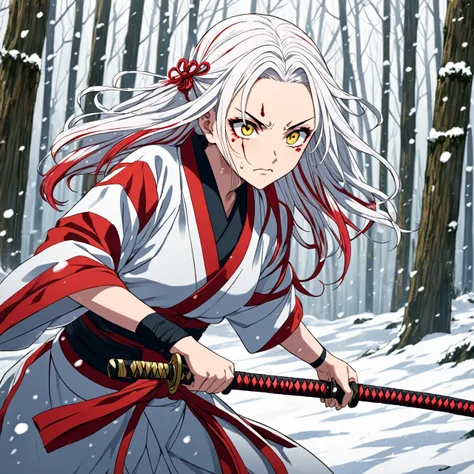 Kimetsu no yaiba anime style female character, long white hair with red hair highlights, yellow eyes, wearing a kimono with an katana, in a snowy forest, soft expression, in fighting position, Blood power, crying 