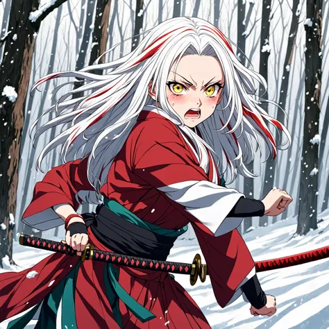 Kimetsu no yaiba anime style female character, long white hair with red hair highlights, yellow eyes, wearing a kimono with an katana, in a snowy forest, soft expression, in fighting position, Blood power, crying 